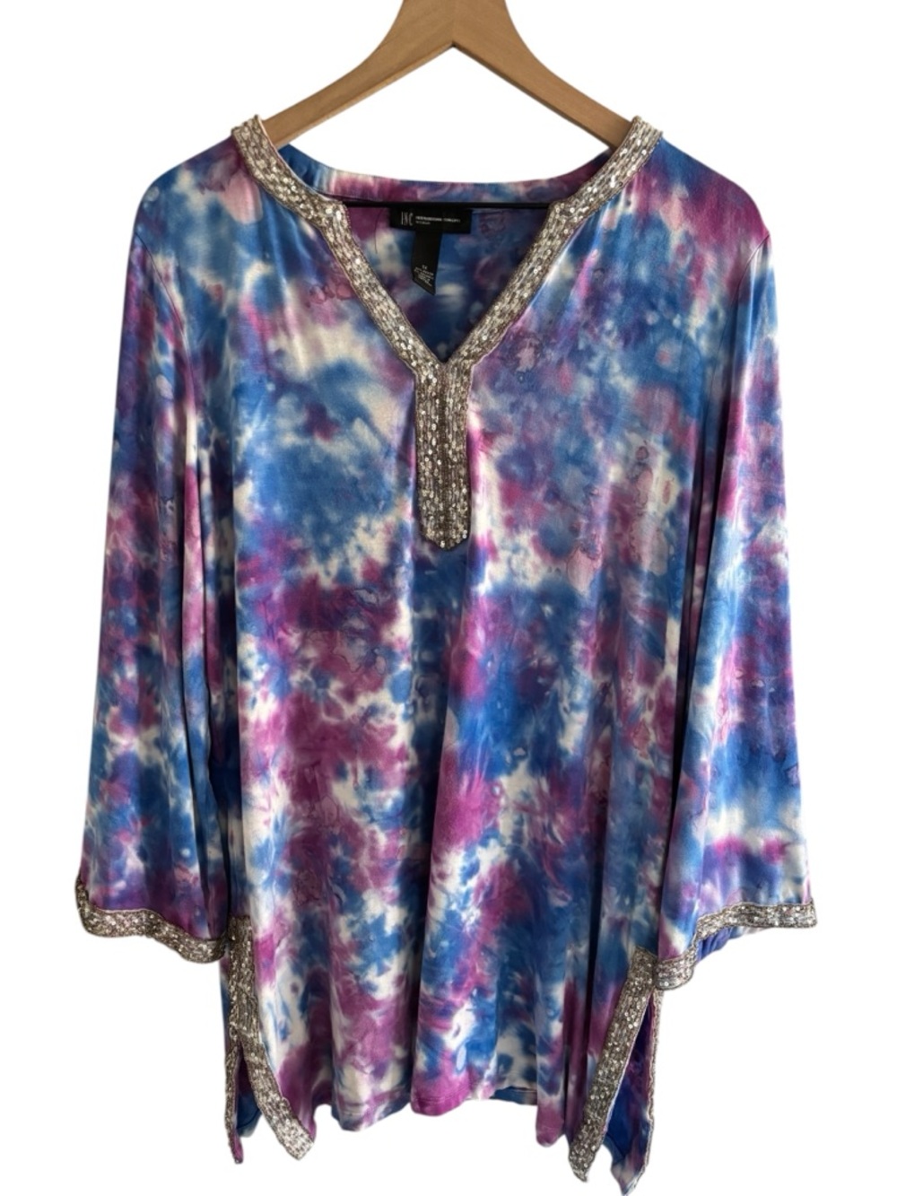 INC International Concepts Sequined Tie Dye Tunic Top 1X V-Neck Pullover Boho